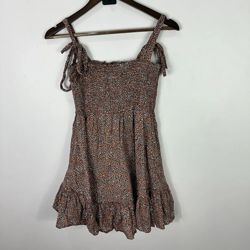 Aerie‎ Smocked Sundress S Brown Boho Cottagecore Coquette Ruffle Hem Tie Strap - Picture 7 of 7